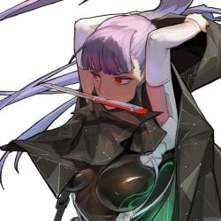 battle_suit battlesuit big_breasts bodysuit breasts_apart cloak color elbow_gloves female female_focus female_only fingerless_gloves fringe fringe_hair game_cg green_bodysuit hooded_cloak knife knife_in_mouth last_origin long_hair looking_away phantom_(last_origin) purple_hair red_eyes rorobomb shiny_bodysuit tight_bodysuit tight_clothing transparent_background upper_body white_elbow_gloves