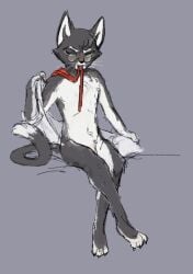 anthro artistic_nude belly_button black_fur claws clothing dressing_up glasses gryphsins humanoid_penis lackadaisy male_only mammal mordecai_heller one_eye_closed paws penis shirt sitting tie tie_only toes tuxedo_cat webcomic white_fur