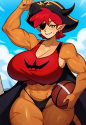 1girls ai_generated amity_blight anthro athletic_female dan16369336 disney eyepatch female female_only flexing_bicep large_breasts muscular muscular_female outdoors pirate_hat pointy_ears red_hair solo sweat tagme the_owl_house twitter_link voluptuous