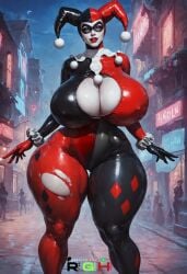 ai_generated batman_(series) dc dc_comics detective_comics female harleen_quinzel harley_quinn huge_breasts huge_thighs realgreenheart tagme