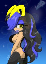 1girls big_breasts black_fur black_hair blue_eyeshadow blue_hair blue_lips blue_lipstick fan_character leggings mobian_(species) myspookypizza oc sideboob sonic_(series) sonic_oc sonic_the_hedgehog_(series) tak_(myspookypizza) thighs yellow_eyes