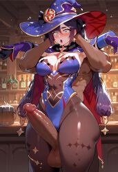 1boy 1boy1girl 1girls 2d ai_generated ass before_anal before_sex big_ass big_balls big_breasts big_butt big_penis big_thighs breasts cock dark-skinned_male female genshin_impact hat huge_ass huge_balls huge_breasts huge_butt huge_cock huge_thighs long_hair looking_down mona_(genshin_impact) penis stockings worried