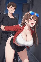 1boy 1girls ai_generated alley alleyway bent_over breasts brown_hair cleavage clothed_sex crop_top cum_inside cumming_together grabbing_arms grabbing_both_arms grabbing_from_behind large_breasts no_panties pleasure_face red_jacket sex skirt standing_sex sunglasses_on_head upskirt white_girl white_skin