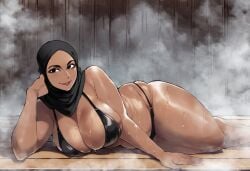 ai_generated arab_female arabian arabian_female ass black_hair black_hijab breasts brown_body brown_female brown_skin chubby chubby_female dark-skinned_female double_bun fat female female_focus front_view hijab huge_ass huge_breasts lying_on_side mature_female milf mommy motherly motherly_figure public sauna seducing seducing_viewer seductive seductive_look seductive_pose seductive_smile smiling_at_viewer solo sweat sweaty sweaty_body sweaty_breasts sweaty_butt thiccwithaq_(ai_style) thick_thighs