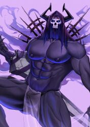 abs bone bulge cilcilciln digital_drawing_(artwork) digital_media_(artwork) glowing glowing_eyes hi_res king_hassan male melee_weapon muscular muscular_male navel nipples pecs purple_body skull skull_head solo sword weapon