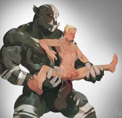 abs anal anal_sex bara big_dom_small_sub big_muscles big_pecs big_penis blonde_hair blush boarred bodily_fluids carrying_another carrying_partner claws cum cum_drip cum_in_ass cum_inside cum_on_penis cumshot daddy dilf dominant dominant_humanoid dominant_male dripping duo ejaculation erection eye_scar facial_scar gay genital_fluids genitals green_body hair holding_partner human human_male human_on_humanoid human_penetrated humanoid humanoid_dominating_human humanoid_penetrating humanoid_penetrating_human humanoid_pointy_ears humansub hunk interspecies larger_humanoid larger_male light-skinned_male light_skin male male/male male_only male_penetrated male_penetrating male_penetrating_male mammal markings muscular muscular_humanoid muscular_male nipples nude orc orc_male orgasm pecs penetration penile penile_penetration penis penis_in_ass reverse_stand_and_carry_position scar sex size_difference smaller_human smaller_male smaller_penetrated stand_and_carry_position standing standing_sex submissive submissive_human submissive_male tribal tribal_markings tusks