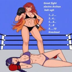 2girls after_fight bikini black_bikini black_boxing_gloves black_gloves boxing boxing_gloves boxing_ring breasts cleavage duo female female_only fighting_ring genshin_impact light-skinned_female light_skin long_hair mavuika_(genshin_impact) purple_eyes raiden_shogun red_bikini red_eyes red_gloves red_hair sexy tagme text violet_bikini violet_hair