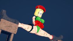 3d android_18 blonde_hair breasts cammy_white_(cosplay) cosplay dragon_ball dragon_ball_super earrings female full_body large_breasts legs_apart long_legs medium_hair short_hair solo