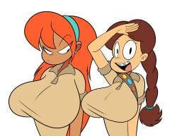 2d braces breasts_bigger_than_head brown_hair brown_shirt earrings headband jamie_(oboithisisfunky) massive_breasts oboithisisfunky orange_hair palm_tree_(oboithisisfunky) salute tan_skin twintails