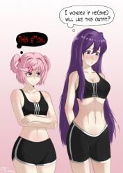 2girls 5_fingers bare_shoulders bra breasts cleavage doki_doki_literature_club english_text female female_only human long_hair medium_support_(meme) multiple_girls natsuki_(doki_doki_literature_club) navel pink_eyes pink_hair purple_eyes purple_hair rbyrav3n short_hair shorts sports_bra sports_shorts text thought_bubble yuri_(doki_doki_literature_club)