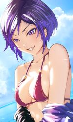 1girls absurdres bikini bikini_top_only blush breasts cloud cloudy_sky female female_only fully_clothed highres namco open_mouth purple_eyes purple_hair reina_mishima seaside short_hair sky smile solo swimsuit tekken tekken_8 wet_face yumurama yuumura_ch