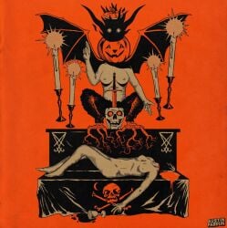 2023 2girls artist_logo artist_name austin_pardun baphomet_(deity) bat_wings blood breasts candles corpse headless large_breasts medium_breasts nipples orange_theme original original_character pinup sacrifice satanic topless wings