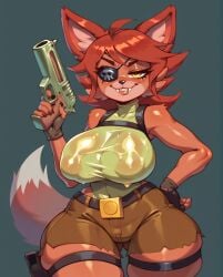 1girls ai_generated anthro anthro_only ass_visible_through_thighs big_breasts breasts brown_shorts clothed clothing fazclaire's_nightclub female female_only fexa fexa_(cally3d) fexa_(cryptia) fexa_(cryptiacurves) fingerless_gloves firearm five_nights_at_freddy's foxy_(cally3d) foxy_(fnaf) fredina's_nightclub furry furry_only gloves gun hand_on_hip lara_croft_(cosplay) looking_at_viewer nipple_bulge pistol red_fur rocksolidart scottgames solo solo_female tail thick_thighs tomb_raider wide_hips