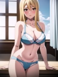 ai_generated arisato_yu big_breasts blonde_female blonde_hair blonde_hair blue_bra blue_lingerie blue_panties blush bra brown_eyes fairy_tail large_breasts lingerie lucy_heartfilia panties