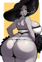 1girls ai_generated alcina_dimitrescu ass ass_cleavage back black_hair breasts butt_crack capcom cheerleader_uniform cigarette cleavage dan16369336 female female_only grey_body hat huge_ass jewelry large_breasts looking_back mature_female milf pom_pom_(cheerleading) resident_evil resident_evil_8:_village smoking solo tagme twitter_link wide_hips