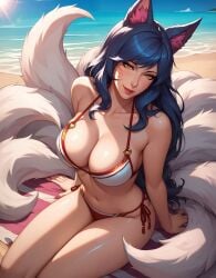 1girls ahri ai_generated animal_ear_fluff animal_ears bare_arms bare_legs bare_midriff bikini breasts cleavage curtains facial_markings female female_only fox_ears fox_girl fox_tail foxgirl gloriousevolution34 kumiho large_breasts league_of_legends league_of_legends:_wild_rift legends_of_runeterra looking_at_viewer multiple_tails nail_polish riot_games solo tail tails whisker_markings window yellow_eyes