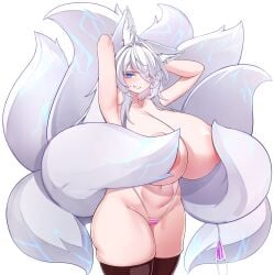 5danny1206 absurdres animal_ear_fluff animal_ears areola_slip armpits arms_behind_head bikini black_thighhighs blush breasts cameltoe censored_nipples collarbone commission cowboy_shot female fox_ears fox_girl fox_tail gigantic_breasts grin groin hair_over_one_eye highres huge_areolae huge_breasts kitsune long_hair looking_at_viewer multiple_tails navel original parted_lips puffy_areolae shiny_skin sidelocks skindentation smile solo standing striped_bikini striped_clothes sweat swimsuit tail tail_censor thighhighs white_background white_hair