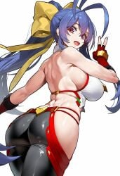 ai_generated antenna_hair ass bare_shoulders blazblue:_central_fiction blue_hair blush breasts female fingerless_gloves from_behind gloves hair_ribbon hairbow large_breasts long_hair looking_at_viewer looking_back mai_natsume open_mouth pants ponytail purple_eyes shiny shiny_clothes shiny_hair shiny_skin sideboob smile solo very_long_hair