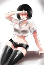 1girls black_legwear black_shorts breasts hand_covering_face mrbrauza23 original_character see-through see_through_shirt short_hair shy thighhighs trishia_(mrbrauza23) white_shirt