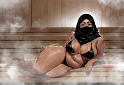 ai_generated arab_female arabian arabian_female ass black_hair black_hijab breasts brown_body brown_female brown_skin chubby chubby_female dark-skinned_female double_bun fat female female_focus front_view hijab huge_ass huge_breasts lying_on_side mandaballs mature_female milf mommy motherly motherly_figure public sauna seducing seducing_viewer seductive seductive_look seductive_pose seductive_smile smiling_at_viewer solo sweat sweaty sweaty_body sweaty_breasts sweaty_butt thiccwithaq_(ai_style) thick_thighs