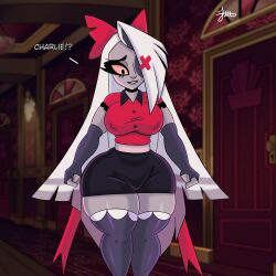 ass big_ass big_breasts big_thighs biting_lip breasts clothing dialogue hazbin_hotel hips juuzouthegoat skirt tagme thick_thighs vaggie_(hazbin_hotel)