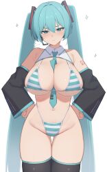 aqua_eyes aqua_hair big_breasts bikini blue_eyes blue_hair breasts cleavage closed_mouth cowboy_shot detached_collar detached_sleeves female hair_between_eyes hands_on_own_hips hatsune_miku hatsune_miku_(collared_bikini) highres large_breasts long_hair looking_at_viewer navel sidelocks simple_background smile solo sparkle stomach striped_bikini swimsuit thighhighs tie tie_between_breasts twintails vocaloid wabimochi white_background