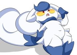 angry anthro female fur furry furry_only genitals hi_res jaspixie meowstic multi_tail navel nintendo pokémon_(species) pokemon pussy simple_background slightly_chubby solo tail thick_thighs video_games