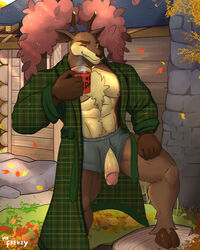 4:5 alrik_(coachmika) anthro autumn_sawsbuck background clothing coffee_mug genitals hi_res humanoid_genitalia humanoid_penis male male_only mr._frenzy nintendo penis penis_through_fly pokemon poking_out robe sawsbuck solo underwear video_games