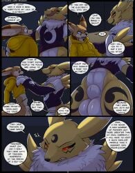 animal_genitalia anthro balls bandai_namco bottomless bottomless_male canid canine clothed clothing comic dialogue digimon digimon_(species) duo english_text fennec_fox fox gay genitals hi_res kuroodod kurorena_(kuroodod) male male/male mammal partially_clothed red_eyes renamon sam_(changing_fates) sheath sweater text true_fox