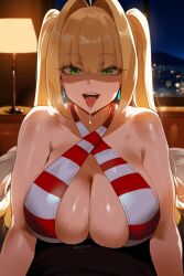 1boy 1girls ai_generated big_breasts blonde_hair blush breasts busty curvy fate/grand_order fate_(series) female green_eyes huge_breasts large_breasts male nero_claudius_(fate) nero_claudius_(swimsuit_caster) nonetheless tongue_out twintails voluptuous