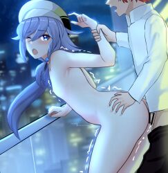 1boy ambiguous_penetration artist_signature balcony black_pants blue_eyes blush captain_(honkai_impact) censored city_background cityscape closed_eye commission completely_nude doggy_style eyebrows_visible_through_hair female from_behind from_behind_position fu_hua grabbing_wrist green_hat grey_hair hair_accessory hand_on_ass hand_on_hip honkai_impact_3rd night night_sky nighttime nude_female_clothed_male open_mouth pants_down railing red_hair sex sex_from_behind small_breasts standing_doggy_style standing_sex trembling white_shirt white_suit white_uniform yuka_(pixiv_29318988)