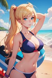 ai_generated athletic_female beach bikini bikini_bottom bikini_top blonde_hair blue blue_eyes breasts medium_breasts pose skinny skinny_girl