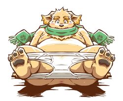 anthro anus ass belly bird_dog black_nose blush briefs canid canine canis clothed clothing cu_sith_(tokyo_afterschool_summoners) domestic_dog embarrassed fur golden_retriever green_eyes green_scarf hunting_dog lifewonders male mammal moobs nipples overweight partially_clothed pawpads retriever scarf solo takagi_kyou tighty_whities tokyo_afterschool_summoners underwear underwear_down video_games white_briefs white_clothing white_underwear yellow_body yellow_fur