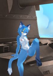 absurd_res anthro ass blue_body blue_eyes domestic_cat felid feline felis female female/female feral fv4005 genitals hi_res humanoid lalamedli mammal nipples nude pussy solo yellow_eyes