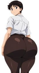 1boy 1male ai_generated ass ass_bigger_than_head ass_cleavage ass_focus big_ass big_butt brown_pants curvy femboy hourglass_figure huge_ass huge_butt looking_at_viewer looking_back male_focus male_only neon_genesis_evangelion shinji_ikari thick thick_ass thick_thighs tight_clothing white_shirt