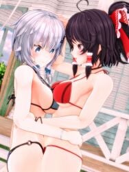 2022 2girls 3d_(artwork) bikini blue_bowtie blue_eyes clavicle duo_female embodiment_of_scarlet_devil hairpin height_difference human light-skinned_female mmd neckwear outdoors red_bikini red_bow red_ribbon reimu_hakurei sakuya_izayoi swimsuit touching_breasts touhou white_hair white_hair_female yabuinu_mmder