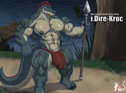 abs anthro bandage biceps bulge crocodile crocodilian crocodylid detailed_bulge genital_outline hi_res male male_only masterelrest melee_weapon muscular muscular_anthro muscular_male nipples pecs penis_outline polearm reptile scales scalie scar solo spear tail weapon