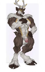 alrik_(coachmika) anthro antlers balls bara better_version_at_source flaccid genitals hand_on_hip hi_res horn humanoid_genitalia humanoid_penis male nintendo penis pokémon_(species) pokemon sawsbuck shepherdart simple_background solo video_games white_background winter_sawsbuck