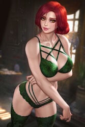 1girls absurd_res bra breasts cd_projekt_red cleavage deep_cleavage green_lingerie green_panties green_stockings hi_res large_breasts lingerie neoartcore paid_reward panties patreon_reward petite red_hair redhead solo solo_female sorceress stockings the_witcher_(series) the_witcher_3:_wild_hunt triss_merigold yellow_eyes