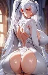 1girls ai_generated anachiro_(nikke) ass_cutout ass_focus backless_outfit bodysuit cinderella_(nikke) clothing_cutout curvy_figure dat_ass goddess_of_victory:_nikke hair_over_one_eye huge_ass huge_breasts looking_back_at_viewer luscious_lips nihilous red_eyes shiny_body sweaty_body twintails white_hair