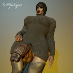 3d big_penis black_lipstick dress_lift fareeha_amari futa_only futanari long_boots muscular_futanari overwatch penis penis_out pharah solo_futa turtleneck_dress veiny_penis yeetiques