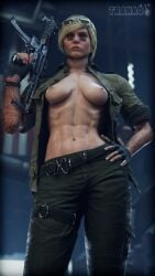 3d abs breasts breasts_out female gun muscular_female rainbow_six_siege tattoo trahao valkyrie_(rainbow_six)