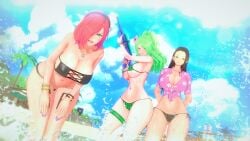 3d 3girls adult_swim artist_request beach big_breasts bikini black_hair breasts busty clothed curvy female female_only green_hair koikatsu monet_(one_piece) nico_robin one_piece pink_hair swimsuit toonami vinsmoke_reiju voluptuous