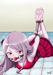 angry ball_gag black_toenails blush bondage fangs feet gag goth hogtie overlord_(maruyama) red_eyes rope_bondage shalltear_bloodfallen toenail_polish vampire