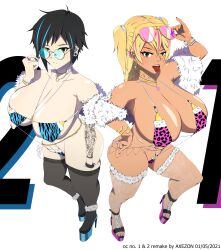 2girls axezon black_hair blonde_hair dark-skinned_female dark_skin female female_only fishnets gyaru heels hi_res high_heels kaya_(axezon) light-skinned_female lingerie original pinky_(axezon) teenager