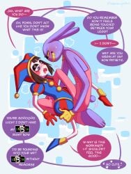 1boy 1girls anthro blush brown_hair bunny_ears clothed clothed_sex clothing comic degradation dominant_male drooling dry_humping grabbing jax_(the_amazing_digital_circus) jester jester_cap jester_hat larger_male male/female petite pomni pomni_(the_amazing_digital_circus) purple_body purple_fur scissoring straight text text_bubble the_amazing_digital_circus todosmelapelan