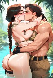 1boy 1girls 2d ai_generated big_breasts bikini braided_hair camouflage highleg jungle kissing lara_croft lara_croft_(ai_generated) lara_croft_(classic) outdoors pond ponytail standing tagme tomb_raider wet_body