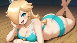 ai_generated big_ass big_breasts blonde_hair blush busty cleavage crop_top crown curvy facing_viewer female female female_only from_above full_body hi_res highres lying lying_on_floor mario_(series) midriff nintendo one_eye_covered pantyshot pony_diffusion_xl princess princess_rosalina seraphim_ai smile solo stable_diffusion super_mario_galaxy thick_thighs