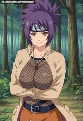 ai_generated aindroidparanoid ass big_breasts breasts brown_eyes busty coat curvy fat_ass female female_only fishnets forest hips huge_breasts jacket large_ass large_breasts massive_breasts mitarashi_anko naruto naruto_(classic) naruto_(series) naruto_shippuden necklace ninja outdoors ponytail purple_hair squeezing_breast stable_diffusion voluptuous wide_hips