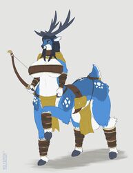 2021 animal_genitalia anthro armor bag balls big_balls big_breasts blue_body blue_fur bottomwear bow breasts cervid cervid_taur clothed clothing crown fur furry futanari gauntlets genitals gloves gynomorph hair handwear hi_res hooves horn intersex loincloth looking_aside mammal mammal_taur orange_eyes paws shadow signature simple_background solo spots spotted_body spotted_fur taur tiara white_spots wolfarion